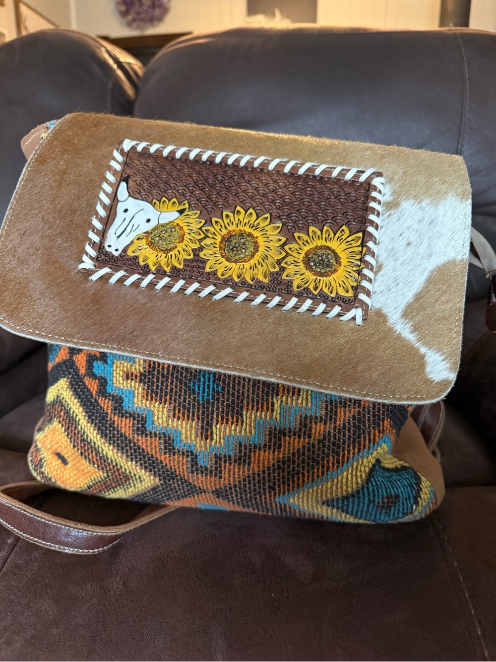 Myra Cowhide Sunflower Accent Book Bag - Brown Multi